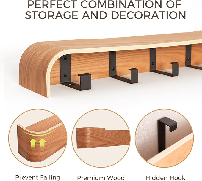 Coat Rack Wall Mount with Shelf Entryway Shelf Modern Key Holder Hanger Wall Shelves with Hidden Hooks for Hanging Towels Coats Hats Bags for Hallway Bathroom Bedroom(Oak, 4 Hooks) - Image 5