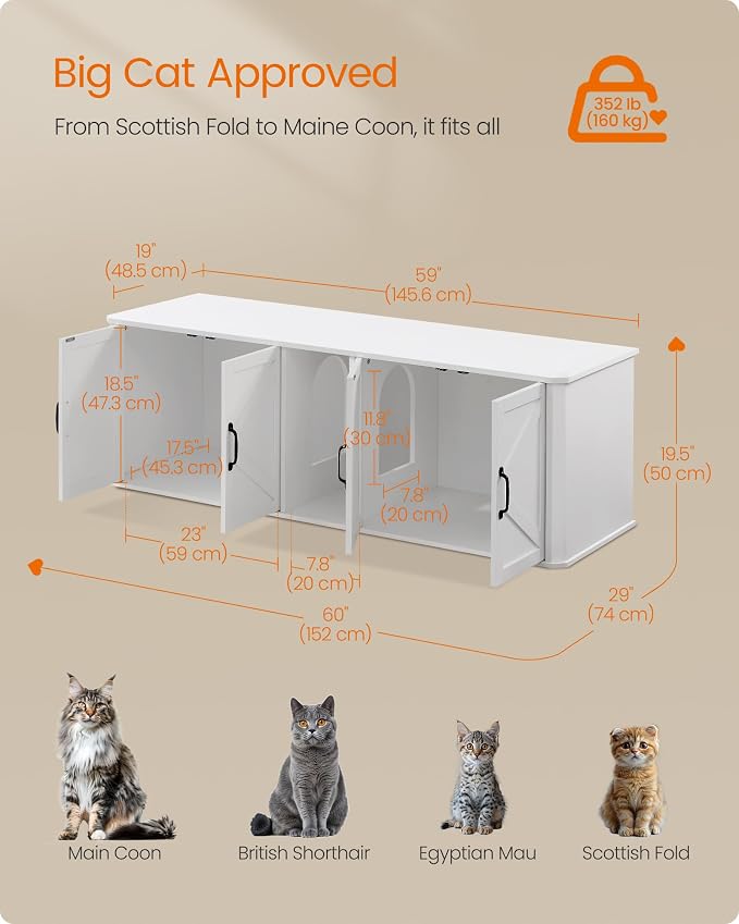 Feandrea Double Cat Litter Box Enclosure, Modern Litter Box Furniture Hidden for 2 Cats, Front Entry, Cat House, Side End Table, TV Stand, 59 x 19 x 19.5 Inches, Cloud White UPCL010W01 - Image 5