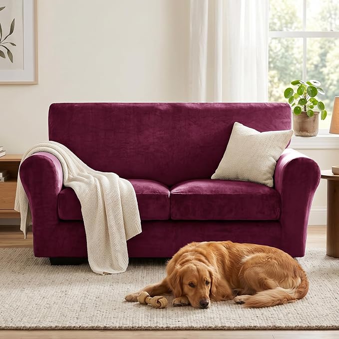 XINEAGE 3-Piece Velvet Loveseat Sofa Cover, Couch Covers for Dog,Wine Red | 2 Cushion Loveseat,Stretch Non-slip Elastic, Pet-friendly, Washable, Fast Setup, Soft Plush Fabric, Furniture Protector. - Image 4
