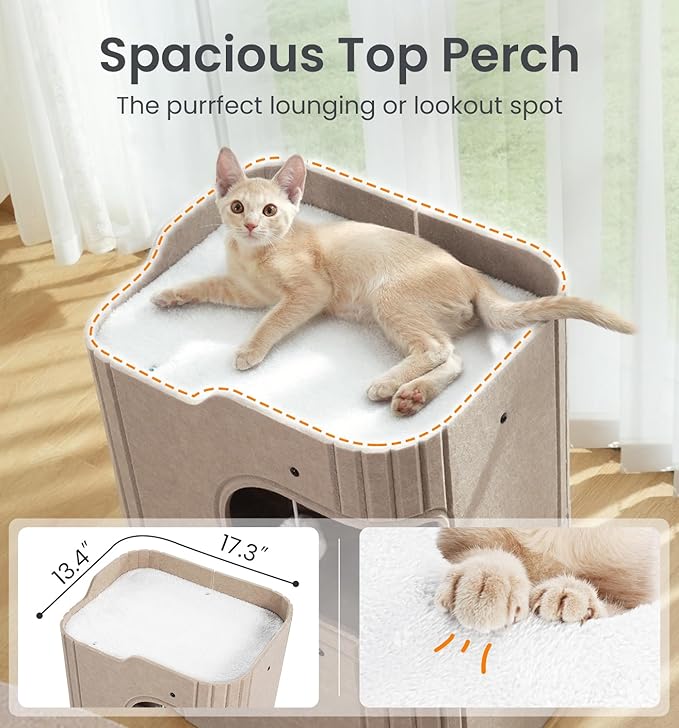 Made4Pets Cat House for Indoor Use, 2-Storey Cube Bed Cave, Covered Hideaway Condo with Scratch-Resistant Felt, Foldable Easy-to-Clean Design for Multi-Cat Homes, Beige - Image 4