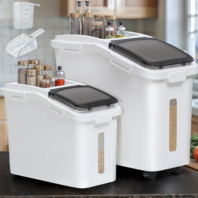 YITAHOME 65L/117lbs Large Ingredient Storage Bins, Commercial 11.4+5.8 Gal Rice Flour Storage Container, Organizer Storage Bin with Measuring Cup, Scoop and Wheels for Kitchen, White & Black Lid - Image 6