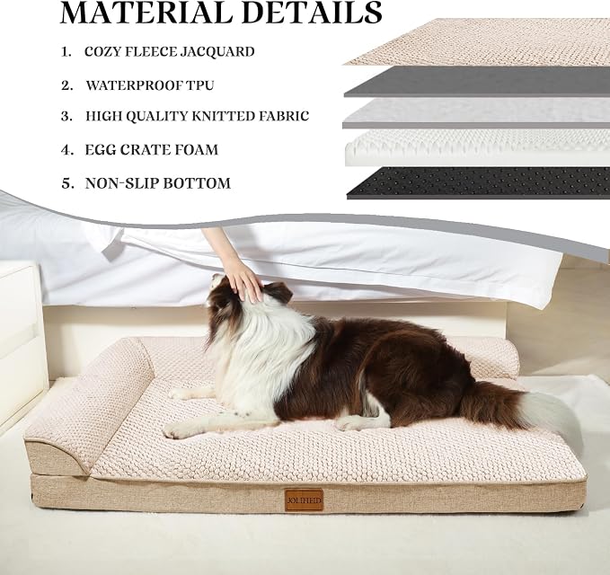 Orthopedic XL Dog Bed Large Sized Dog 48''X30'', Waterproof L Bolster Extra Large Egg Crate Foam Pet Crate Beds with Washable Removable Cover, Non-Slip Soft Pet Couch Mat, Ivory - Image 4