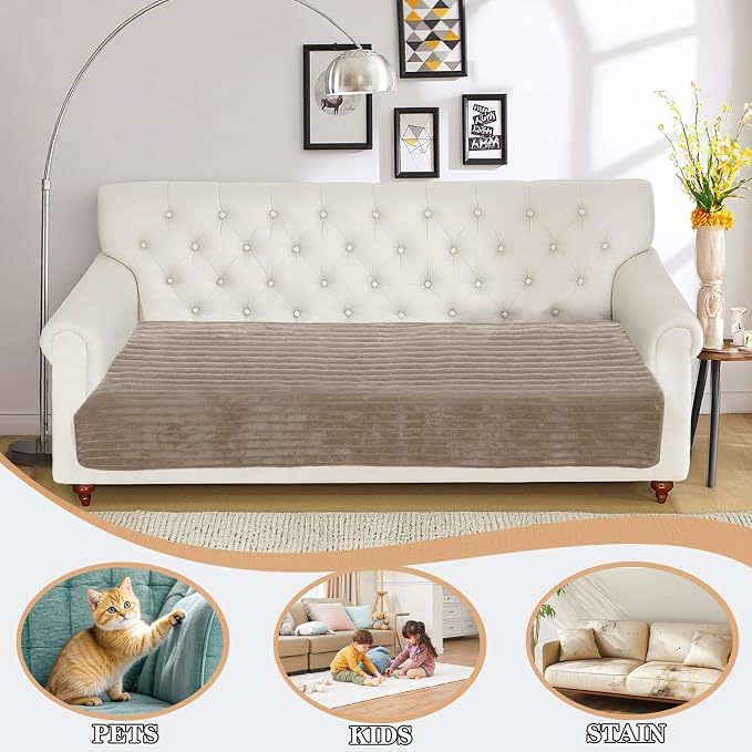 NAISI Couch Covers for Dogs Waterproof Flannel Striped Sofa Cover Pet Friendly Washable Dog Mat for Couch Anti Slip Sectional Sofa Slipcover Protector(1pc/35"x 70",Khaki) - Image 2