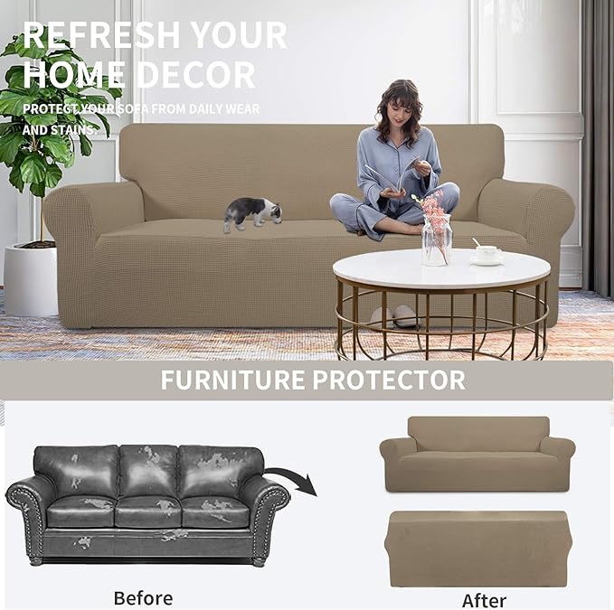 Easy-Going Stretch Couch Covers for Sofa Washable Large Natural | 1-Piece Sofa Covers for 3 Cushion Couch Furniture Protector Couch Slipcover Soft with Bottom for Kids Pets - Image 3