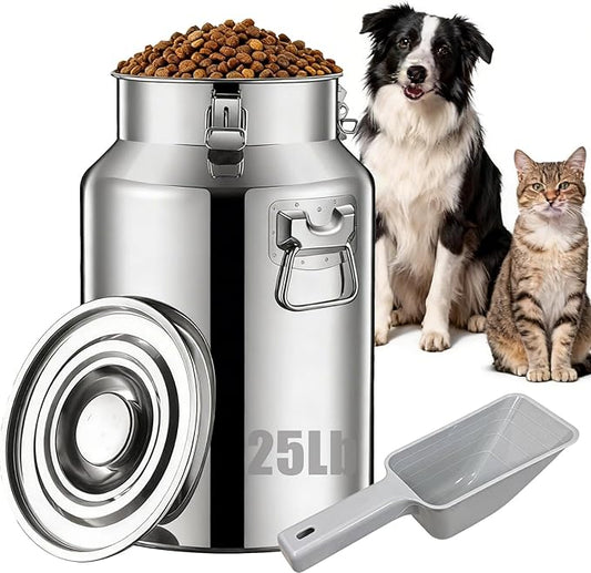 25 Lbs Stainless Steel Dog Food Storage Container with Scoop, Large Metal Dog Food Bin with Airtight Lid & Locking Clamp, Pet Food Container for Dogs & Cats, Keep Fresh, Easy to Clean by YinCukiEle