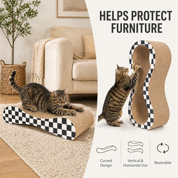2 in 1 Large Cardboard Cat Scratcher Lounger, Cat Scratching Board for Indoor Cats, 100% Recyclable & Reversible Horizontal Scratching Pads Prevents Furniture Damage, Checkerboard - Image 8