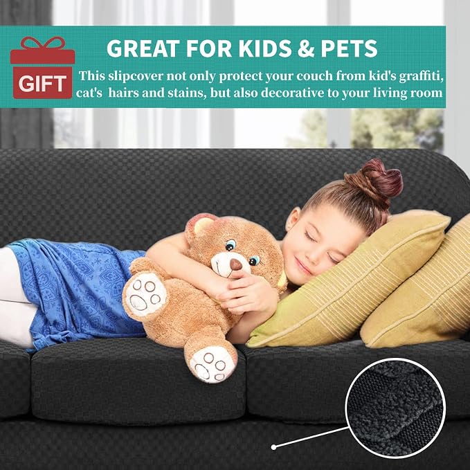 YEMYHOM Latest Checkered 4 Pieces Couch Covers for 3 Cushion Couch High Stretch Thickened Sofa Cover for Dogs Pets Elastic Slipcovers Living Room Furniture Protector (Black), 71"-91"(3 Cushions) - Image 3