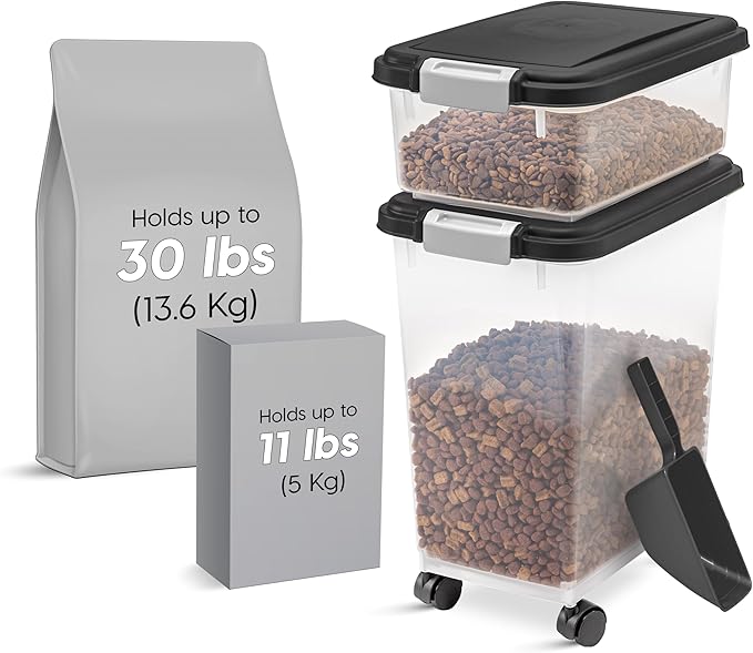 IRIS USA Dog Food Storage Container 30 lb + 11lb Airtight Combo, Stackable Pet Food Storage Bin with Wheels for Cat Dog Food, BPA Free, Made in USA, Black | Stackable Pet Food Plastic Storage Bins with Wheels for Cat and Dog Food, Made in USA - Image 2