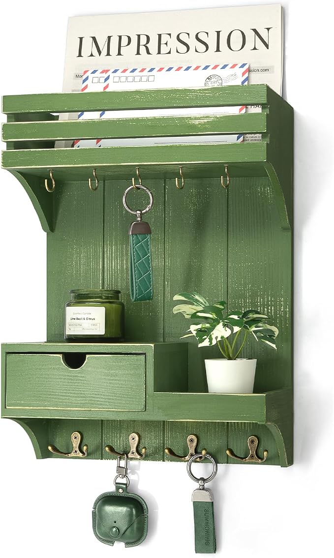 Rebee Vision Key Holder Wall Mount with 9 Key Hooks for Home Decor, Green | Pine Wood, Key Holder for Wall, Floating Shelf, Plant Display, Small Drawer Organizer, Mail Sorter, Entryway, Home Storage by REBEEVISION