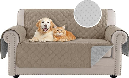 PrinceDeco Love Seat Couch Covers for Dogs Quilted Loveseat Cover Furniture Protector Non-Slip Rubber Backing Water Resistant for 2 Cushion Couch Seat Width to 48"(Loveseat, Taupe) by PrinceDeco