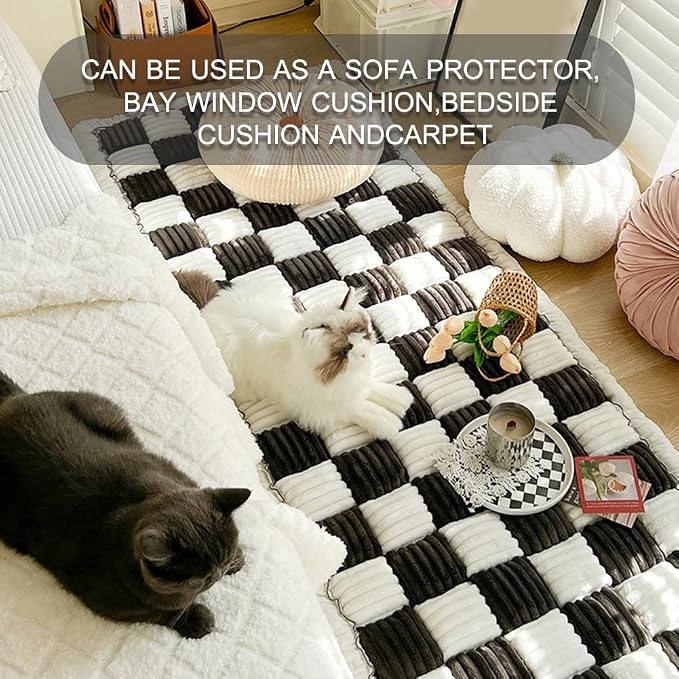 Fuzzy Chic Cotton Protective Couch Cover, Machine Washable & Non-Slip Mat Bed, Cream-Coloured Plaid Pet Mat for Cats & Dogs (Black, 27.6 * 82.7in) - Image 5