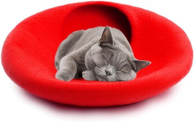 Woolygon Premium Felt Cat Cave Bed – Wool Kitty Beds Handcrafted Kitten Caves Bed for Indoor Cats - Made from Merino Wool, Foldable Cat Hideaway Covered Cat House Pod (Red Plain) - Image 3