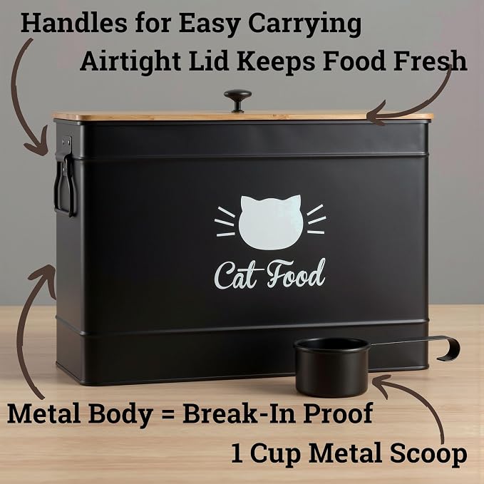 Metal Cat Food Container with Scoop, 15lb (50 Cup) w/ Airtight Bamboo Lid | 15 lb / 50 Cup Capacity, 1 Cup Metal Scoop, Durable Powder Coated Iron Body, Rubber Lined Bamboo Lid, Sturdy Metal Handles - Image 2