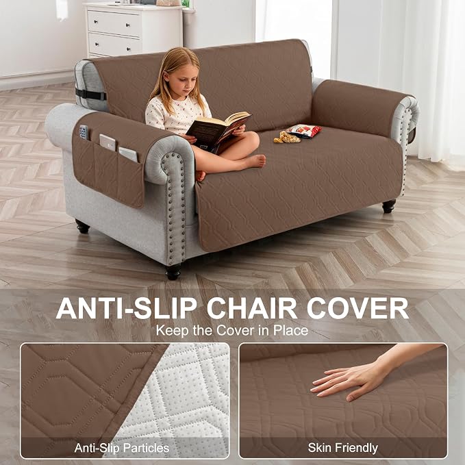 100% Waterproof Quilted Couch Cover,Straps&Pockets,46" Darkbrown | Washable sofa cover, pet-friendly, scratch-resistant furniture protector, quilted sofa cover, reversible, non-slip backing. - Image 4