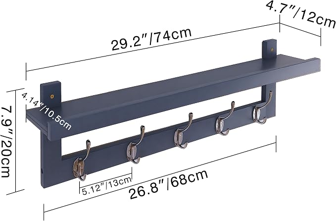 SMIBUY Coat Hooks with Shelf Wall-Mounted, 29.2 Inch Entryway Coat Rack for Wall, Bamboo Hanging Shelf with 5 Double Metal Hooks for Bathroom, Bedroom, Kitchen, Living Room, Mudroom (Grey) - Image 4