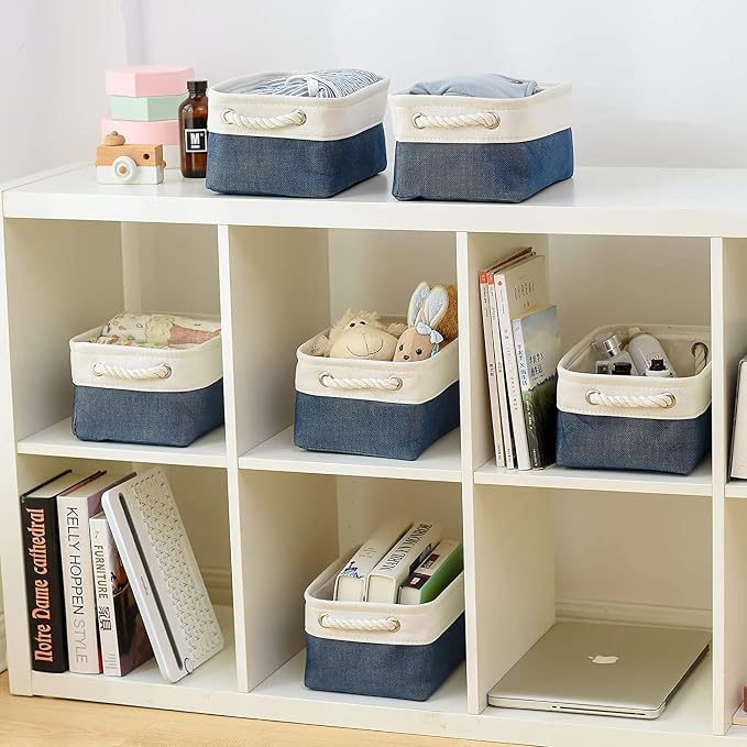 TheWarmHome Storage Basket for Organizing - Small 12x8x5.2 inch 6 Pack Collapsible Storage Bin for Shelves, Canves Storage Cubes for Organizer Cloth Box Gift Toys Closet (White & Jean Blue) - Image 3