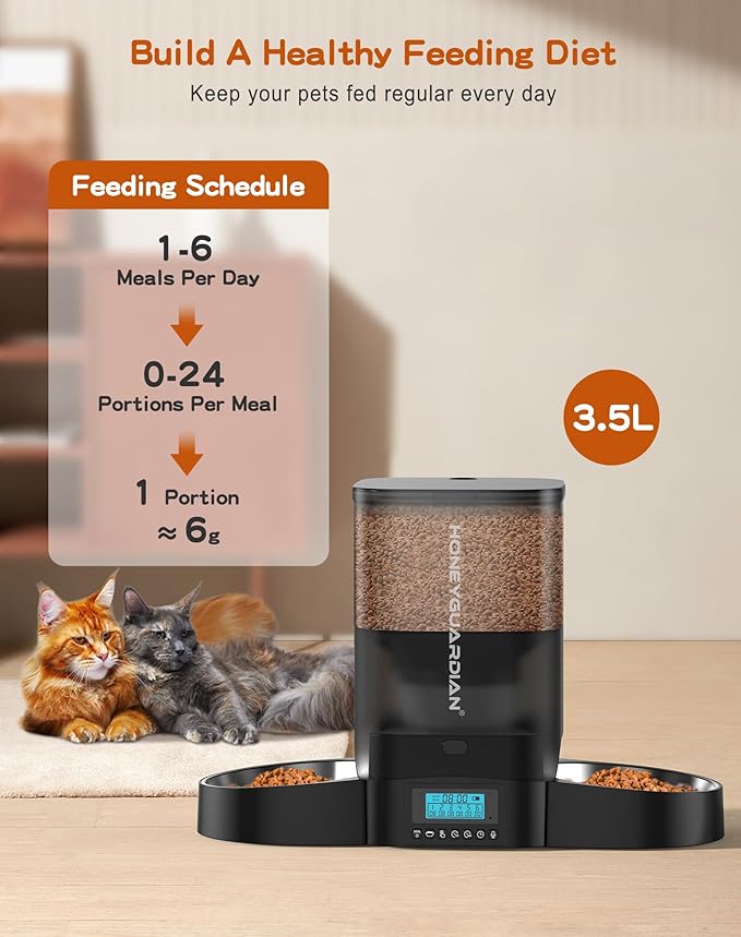 HoneyGuaridan 3.5L Automatic Cat Feeder for Two Cats, Food Dispenser with Stainless Steel Bowl,Timed Cat Feeder Programmable 1-6 Meals Control, Dual Power Supply,10s Meal Call Black - Image 3