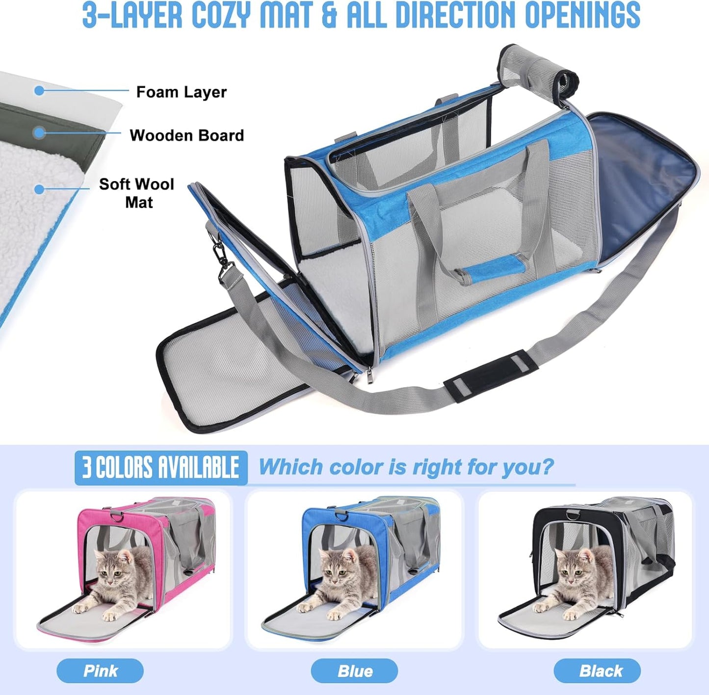 Pet Carrier for Large Cats of 20 Lbs, Collapsible Carrier Bag for Big Cat or 2 Kittens,Soft Sided Puppy Carrier with Sturdy Travel Transport Strap, Adequate Ventilation, 4 Mesh Windows (Blue)