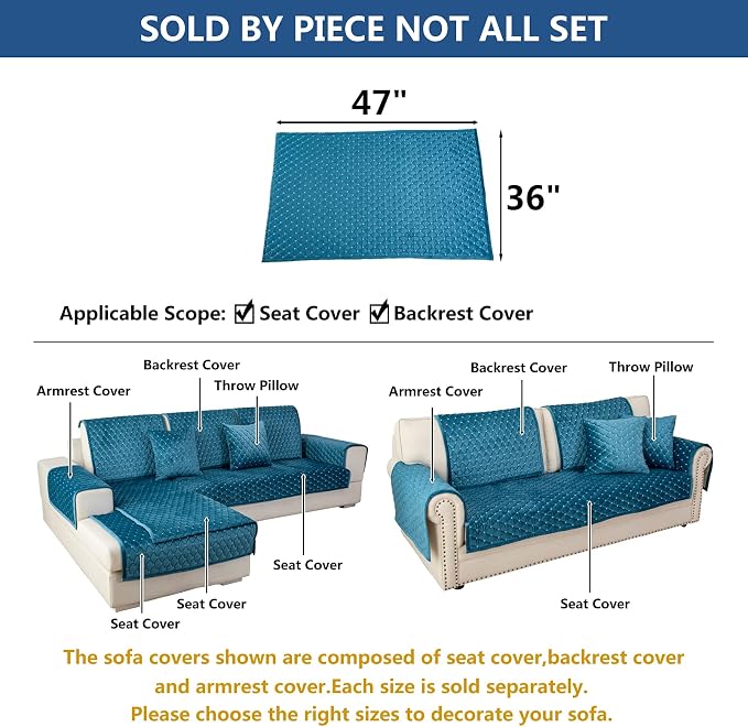 Eismodra Couch Cover,Sectional Couch Covers,Sofa Covers for 3 Cushion Couch,Anti-Slip Sofa Slipcovers for Dogs Cats Kids Loveseat Recliner L Shaped Armrest Backrest,Blue 36''x47''(Only 1 Piece) - Image 5