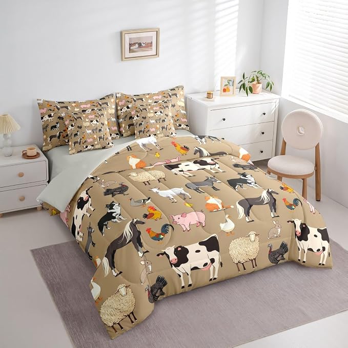 Erosebridal Farm Animal Comforter Sets with Sheets, Cartoon Animals Bedding Set Queen Size for Boys Girls Funny Country Theme 7Pcs Bed in A Bag Cute Pig Cow Print Dog Rooster Bed Set - Image 3