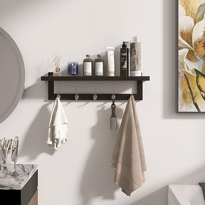 SMIBUY Coat Hooks with Shelf Wall-Mounted, 29.2 Inch Entryway Coat Rack for Wall, Bamboo Hanging Shelf with 5 Double Metal Hooks for Bathroom, Bedroom, Kitchen, Living Room, Mudroom (Dark Brown) - Image 4