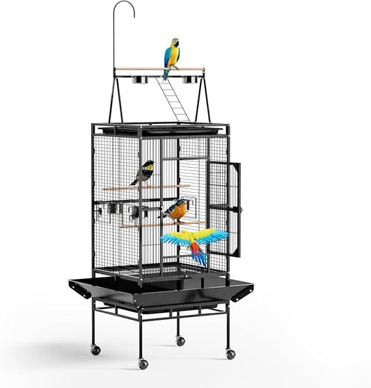 VINGLI 83 Inch Bird Cage with Play Top, Large Wrought Iron Bird Cage with Wheels, Rolling Parakeet Cage with Removable Tray for Cockatiels Lovebird Finches Canaries by VINGLI