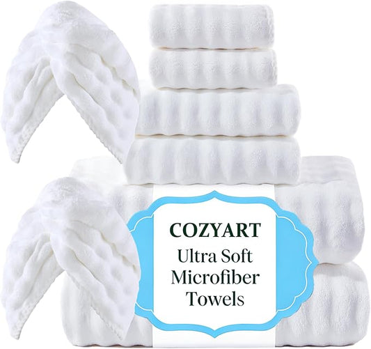COZYART Lint Free 8 Pcs Bathroom Towels Set Ultra Soft Microfiber White | Fluffy, Thick, Highly Absorbent, Fast Dry, No Shedding, No Pilling, Fade Resistant, Durable, Long-lasting by COZYART