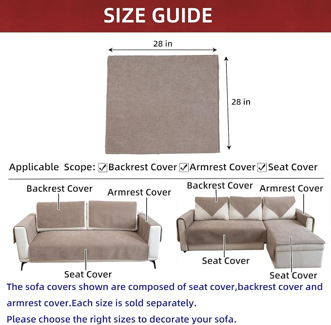 Couch Cover Couch Arm Covers Non Slip Sofa Arm Covers for Dogs Washable Armchair Cover Couch Protector Backrest Cover Sofa Slipcover for Recliner,Chenille,Camel,28''x28''(Only 1 Piece) - Image 3