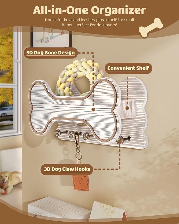 Decorative Dog Leash Holder for Wall - Creative Doggie Bone Shape Key Holder Wall Mount with Dog Stuff Storage Shelf & 5 Cute 3D Puppy Paw Hooks - Ideal for Room Decor (White) - Image 4