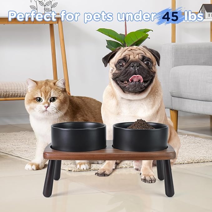 SPUNKYJUNKY Ceramic Elevated Dog Bowls Raised with Acacia Bamboo Wooden Stand, 6.1'' Dog and Cat Food Water Bowls Set Non-Slip for Small Medium Sized Breed Microwave Dishwasher Safe - 28.7 OZ,Black - Image 7