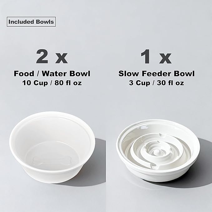 Elevated Dog Bowl Stand with 3 Large Ceramic Bowls – Raised Feeding Station for Medium & Large Dogs, Includes 2 Standard Bowls + 1 Slow Feeder, Durable Iron Frame, Non-Slip (White) - Image 9