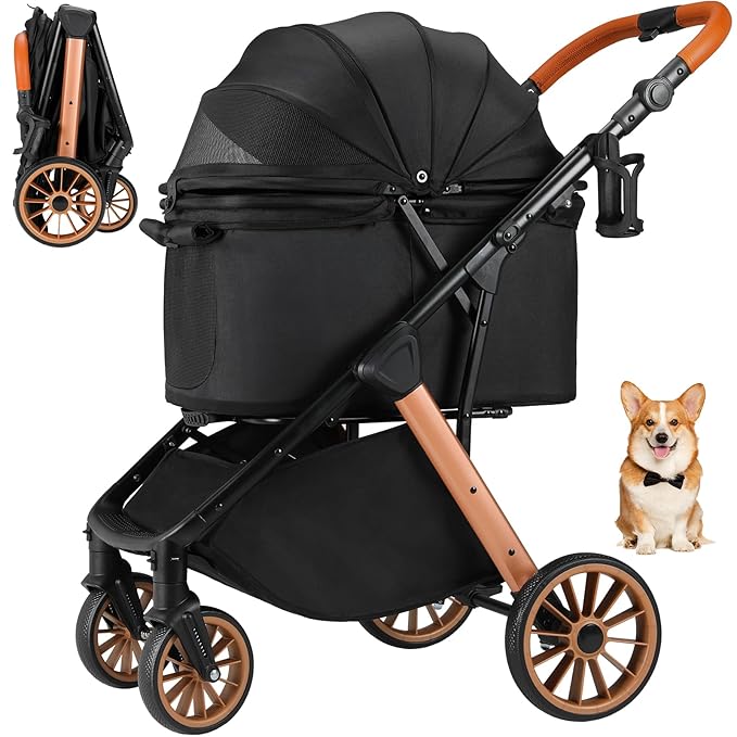 MAMIZO Foldable Dog Stroller for Medium Dogs Cats Up to 55 Lbs, Adjustable Height Handle, Pet Stroller with Aluminum and Carbon Steel Frame, Sun Shades, Storage Basket & Shock Absorbers, All-Terrain
