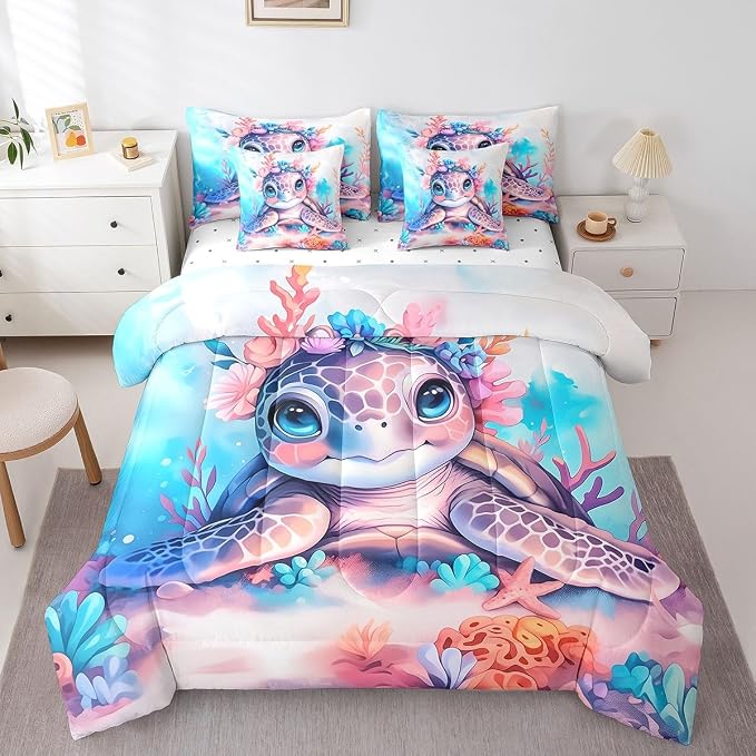 Erosebridal Kids Cute Turtle 7-Piece Bedding Set King Size, Ocean Life Tortoise Bed in A Bag, Underwater World Sea Animal Comforter Set with Sheets, Watercolour Coral Bedding Comforter Sets - Image 3