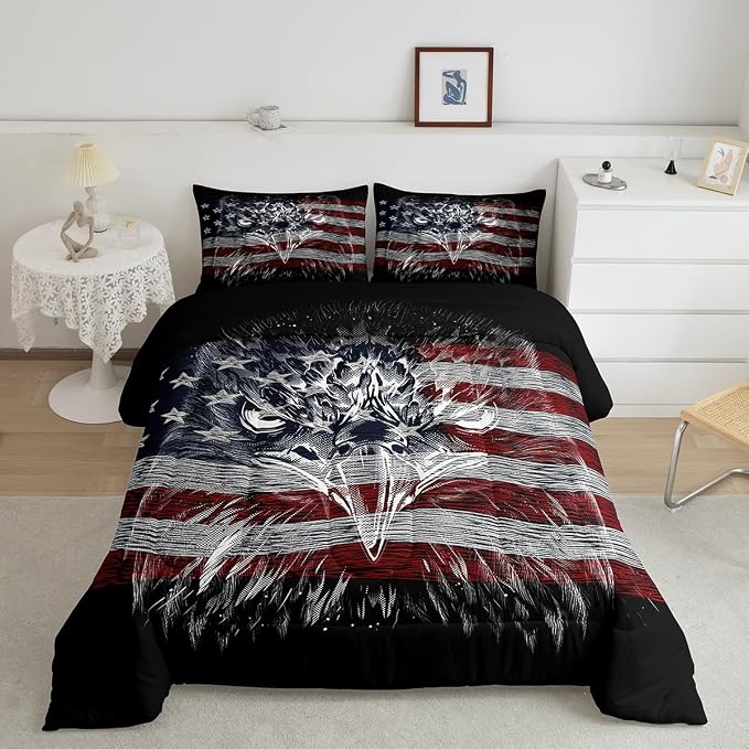 Homewish American Flag Comforter Set King Size, Eagle Bird Animal Print Stars Stripes USA Flag Bedding Comforters for Children Adult, American Culture Breathable Bedding Set, 2 Pillowcases, Bedspread - Image 4