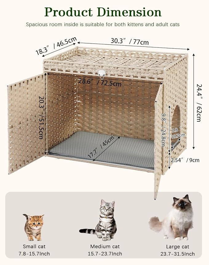 SETVSON Cat Litter Box Enclosure Furniture, Hidden Litter Box, Cat Litter Box Cabinet with 2 Litter Mats, Handwoven Rattan Large Space Cat House Indoor, Living Room, Bedroom, Apartment Light Khaki - Image 5