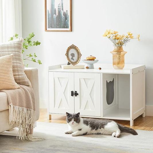 MAHANCRIS Cat Litter Box Enclosure, Hidden Litter Box Furniture with Divider, Indoor Cat House, Wooden Cat Washroom Storage Cabinet Bench, Side End Table Nightstand, White CWWT2501 by MAHANCRIS