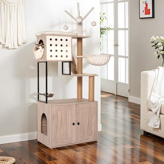 Cat Tree with Litter Box Enclosure - Modern Cat Condo with Scratching Posts, Feeding Bowl & Removable Pompom Sticks, Gray - Image 6