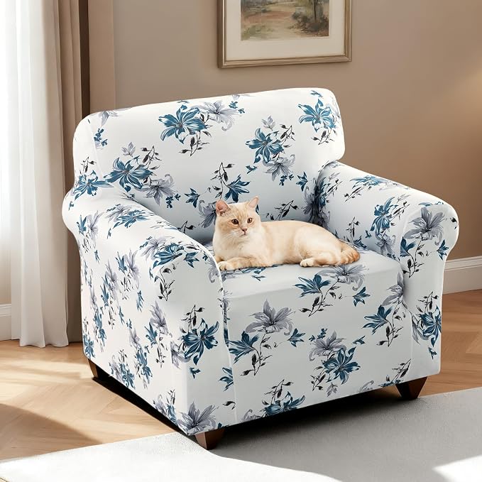 H.VERSAILTEX Floral Pattern Slip Covers for Armchairs Printed Sofa Covers Super Soft Fabric High Stretch Couch Cover for Dogs Washable(Vintage Petal-Blue,Chair) - Image 2