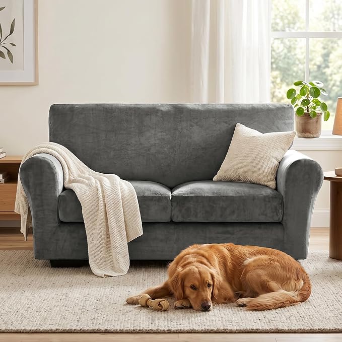 XINEAGE 3-Piece Velvet Loveseat Sofa Cover, Couch Covers for Dog,Gray | 2 Cushion Loveseat,Stretch Non-slip Elastic, Pet-friendly, Washable, Fast Setup, Soft Plush Fabric, Furniture Protector. - Image 4