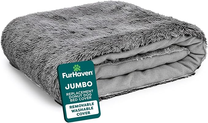 FurHaven Replacement Dog Bed Cover, Long Faux Fur for Calming Cuddlers, Machine Washable, Customizable Filling, Jumbo XL, Gray by FurHaven