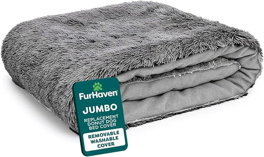 FurHaven Replacement Dog Bed Cover, Long Faux Fur for Calming Cuddlers, Machine Washable, Customizable Filling, Jumbo XL, Gray by FurHaven
