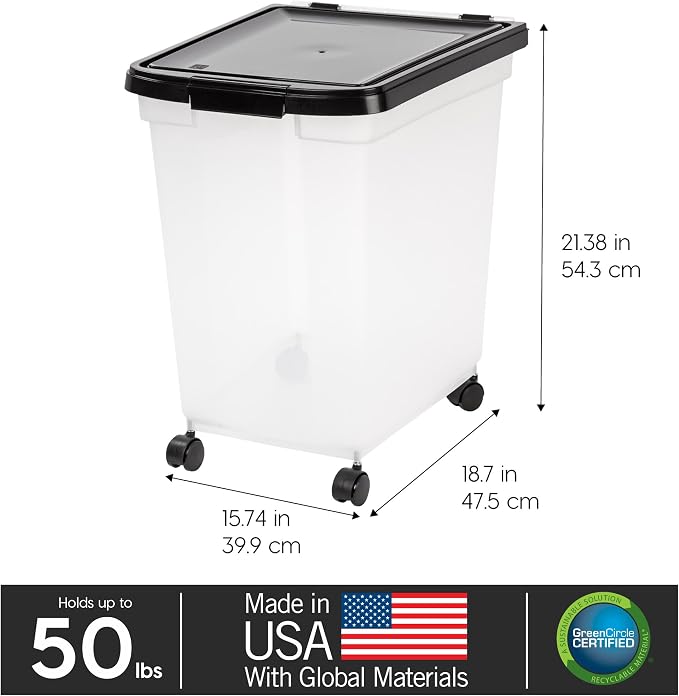 IRIS USA Airtight Dog Food Storage Container, WeatherPro, Up to 50 lbs, Removable Wheels, for Dog Cat Bird and Other Pet Food Storage Bin, Keep Fresh, Translucent Body, Made in USA, Clear/Black - Image 3
