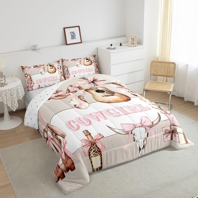 Manfei Pink Bowknot Cowgirl Comforter Set King Size,Retro Farmhouse Guitar Bedding Set for Kids Girls Boys Room Decor,Girly Bows Horse Soft Duvet Insert for All Season,2 Pillowcase,Beige Pink - Image 6