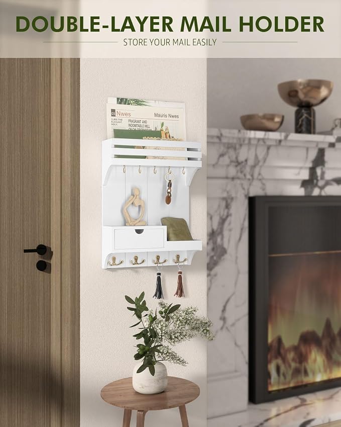 Rebee Vision Key Holder Wall Mount with Drawer & Shelf for Entryway, White | Sturdy Wood, Key Holder for Wall, 9 Sturdy Key Hooks, Wall Shelf, Drawer Organizer, Modern Home Decor, Decorative Storage - Image 2