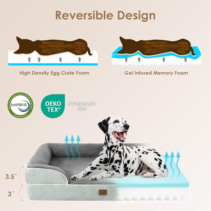 EHEYCIGA Orthopedic Dog Beds Large Sized Dog, Waterproof Washable Pet Bed | Non-Slip Bottom and Egg-Crate Memory Foam XL Dog Couch Bed with Washable Removable Cover, Greyish Green - Image 2
