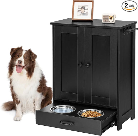 ALINE FURNITURE Dog Feeding Station with Storage Cabinet and 2 Elevated Dog Bowls, Hidden Pet Feeder Station Wood, Dog & Cat Storage Organizer, Black by ALINEFURNITURE