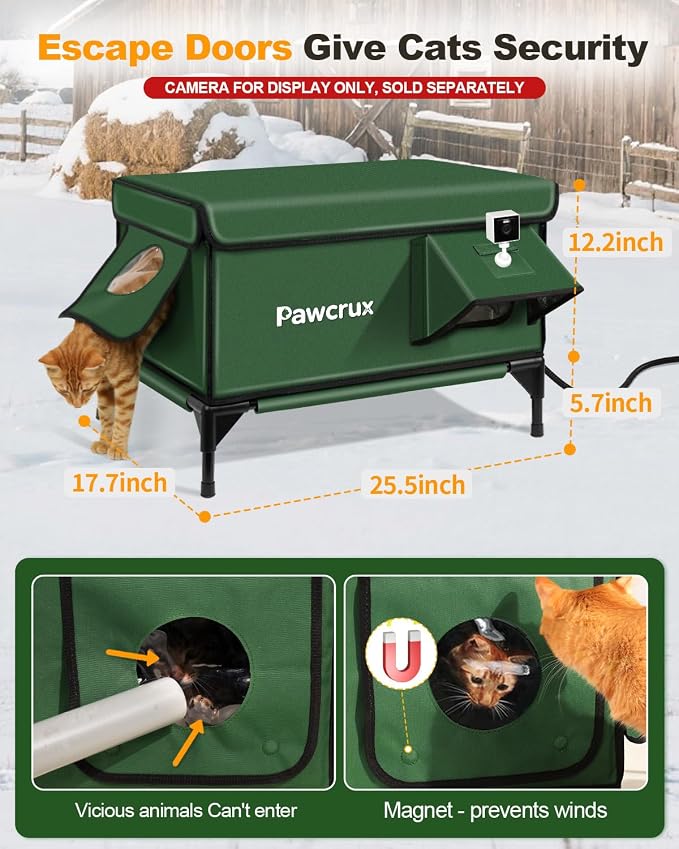 Weatherproof Heated Cat House for Outdoor in Winter, Heated Cat Bed Kitty Shelter with Cat Heating Pad, Insulated & Safe Escape Door, Warm House for Outside Stray Cat (Green, 17.7"x25.5"x17.9") - Image 5