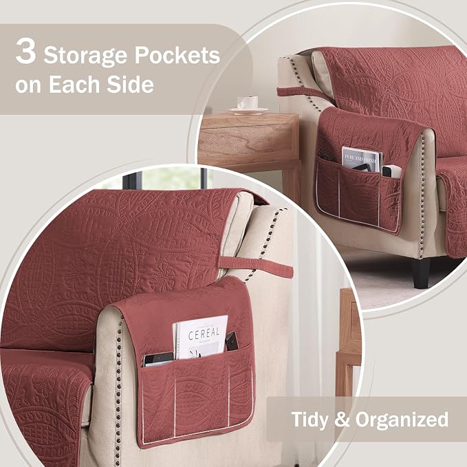 Red Quilted Recliner Chair Covers, Waterproof Medium Chair Covers, Lazy Boy Chair Covers, Pet Friendly Recliner Slipcover for Dogs Cats, Washable Furniture Protector (Recliner 26", Red) - Image 4