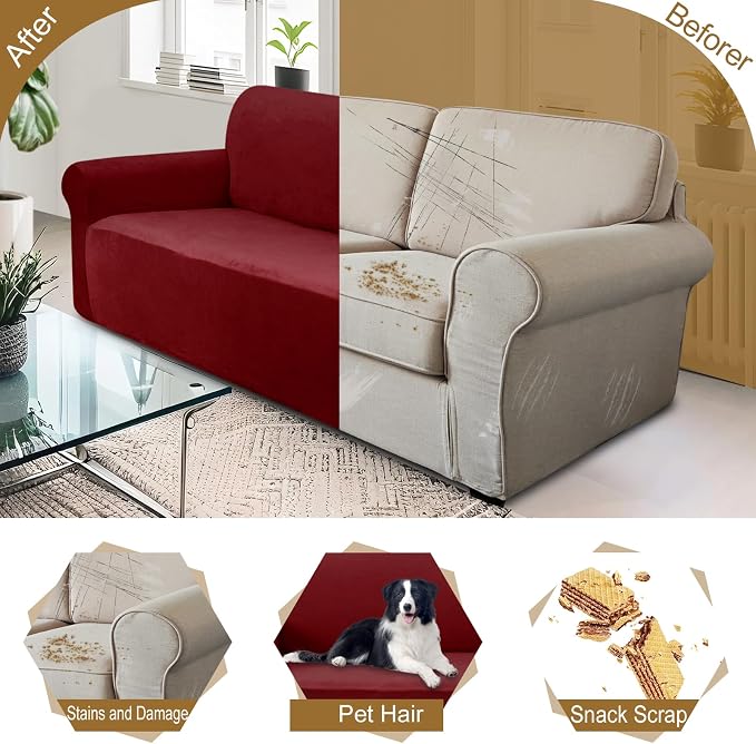 U-NICE HOME Velvet Sofa Covers Stretch Couch Covers for 3 Cushion Couch Furniture Protector Sofa Slipcover (XL Large, Burgundy) - Image 5