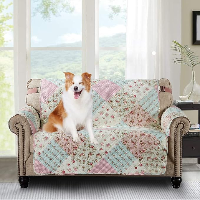 Brilliant Sunshine Pink & Green Roses Patchwork Loveseat Cover, 54" seat | Non Slip Sofa Cover, Quilted Furniture Protector, Large Washable Love Seat Slipcover for Pets, Dogs & Cats by BrilliantSunshine